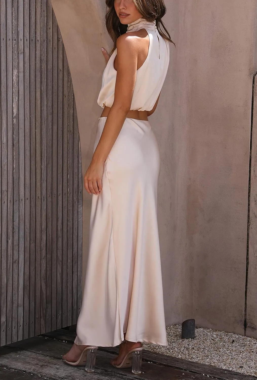 Women's 2 Piece Outfits Satin Summer Sleeveless Mock Neck Crop Tops and Long Skirt Sets Formal Maxi Dress