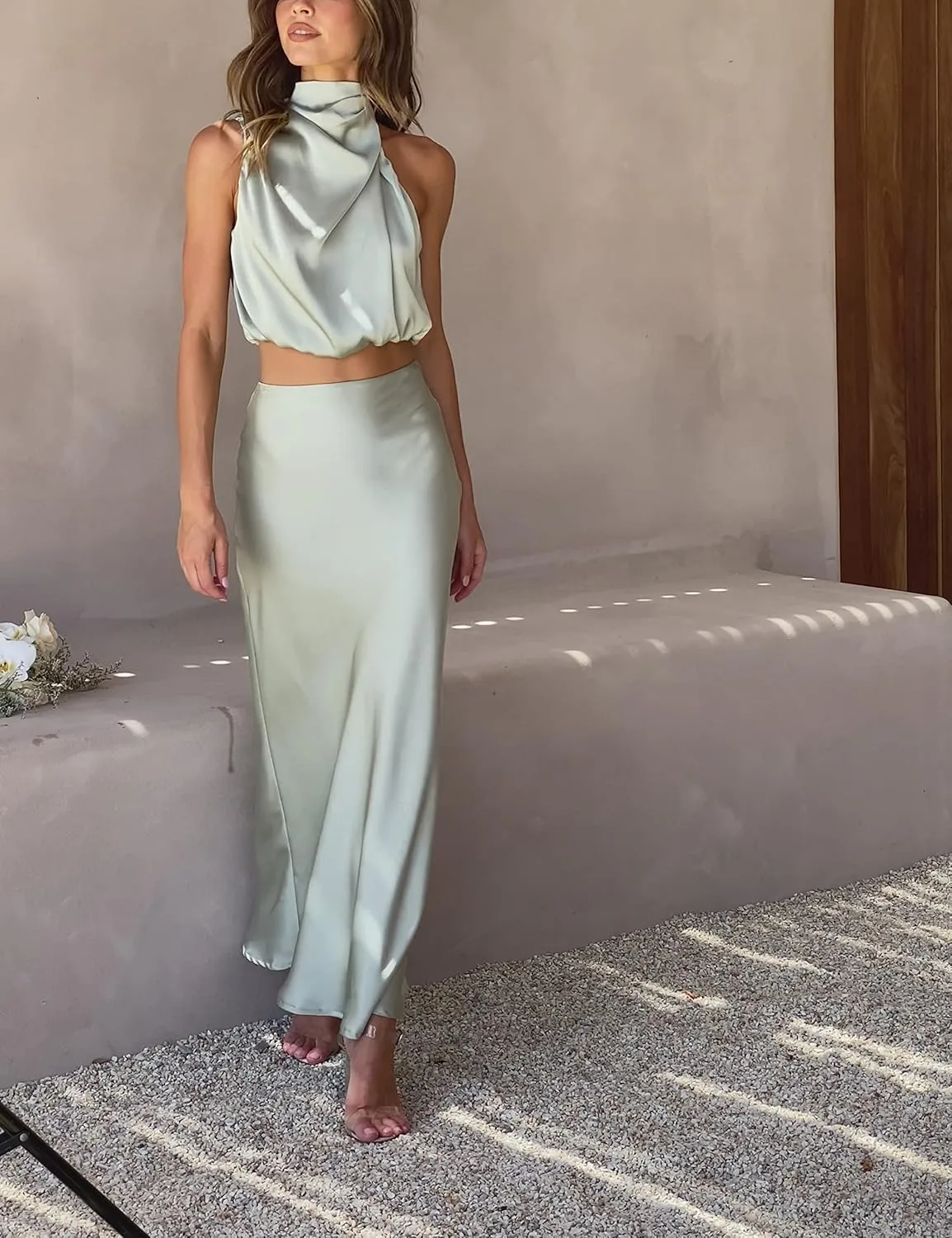 Women's 2 Piece Outfits Satin Summer Sleeveless Mock Neck Crop Tops and Long Skirt Sets Formal Maxi Dress