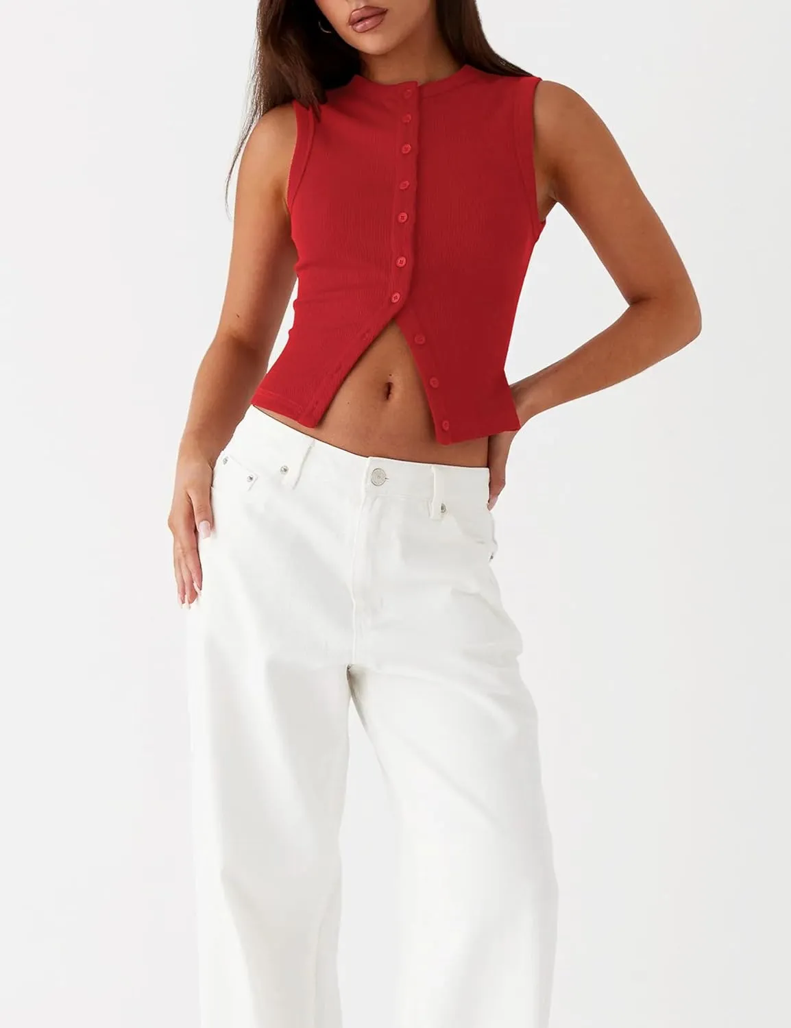 Womens Button Down Tank Vests Crew Neck Sleeveless Slim Fit Camisoles Vests Tops