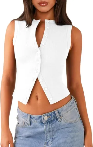 Womens Button Down Tank Vests Crew Neck Sleeveless Slim Fit Camisoles Vests Tops