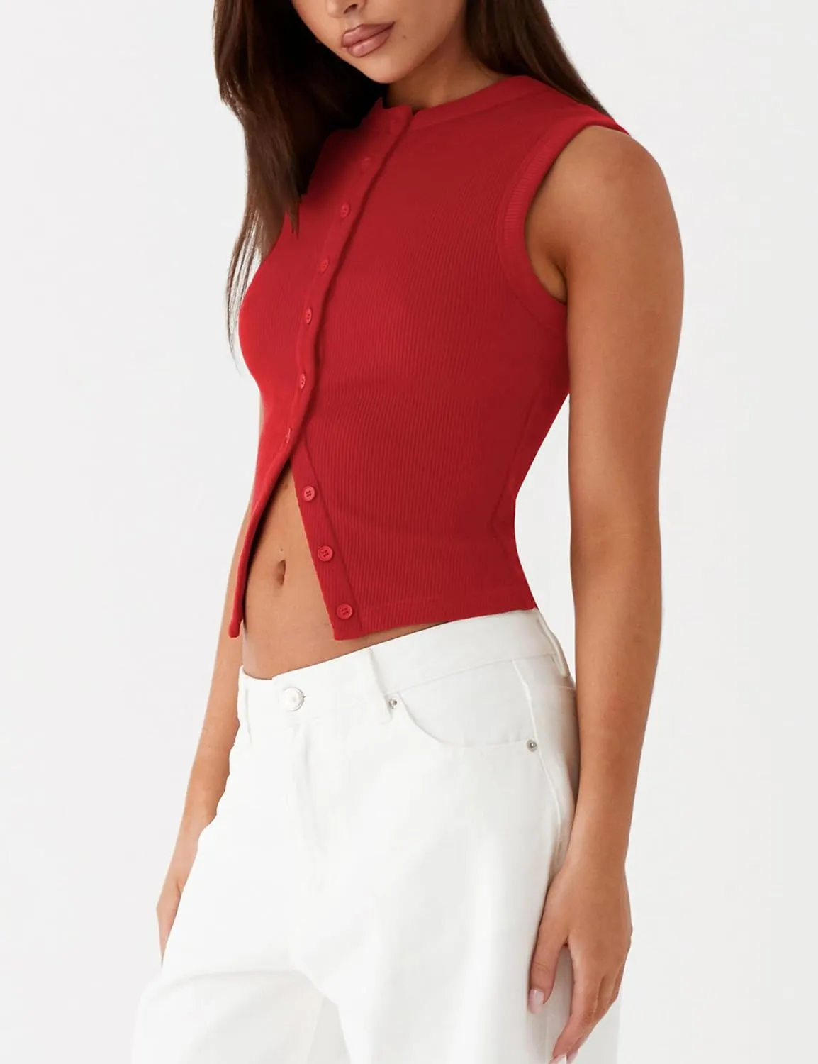 Womens Button Down Tank Vests Crew Neck Sleeveless Slim Fit Camisoles Vests Tops