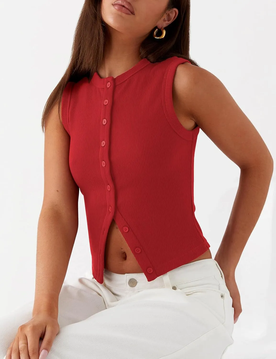 Womens Button Down Tank Vests Crew Neck Sleeveless Slim Fit Camisoles Vests Tops