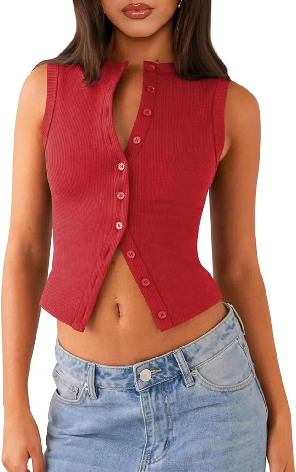 Womens Button Down Tank Vests Crew Neck Sleeveless Slim Fit Camisoles Vests Tops
