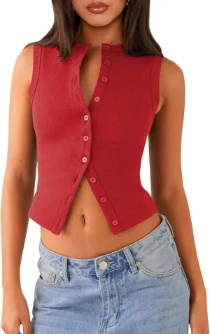 Womens Button Down Tank Vests Crew Neck Sleeveless Slim Fit Camisoles Vests Tops