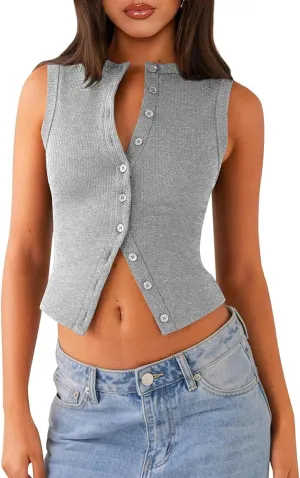 Womens Button Down Tank Vests Crew Neck Sleeveless Slim Fit Camisoles Vests Tops