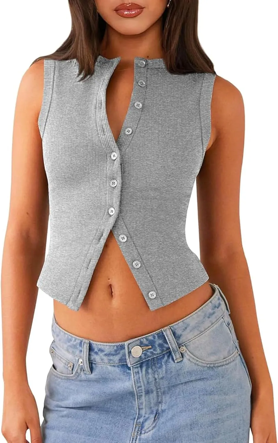 Womens Button Down Tank Vests Crew Neck Sleeveless Slim Fit Camisoles Vests Tops