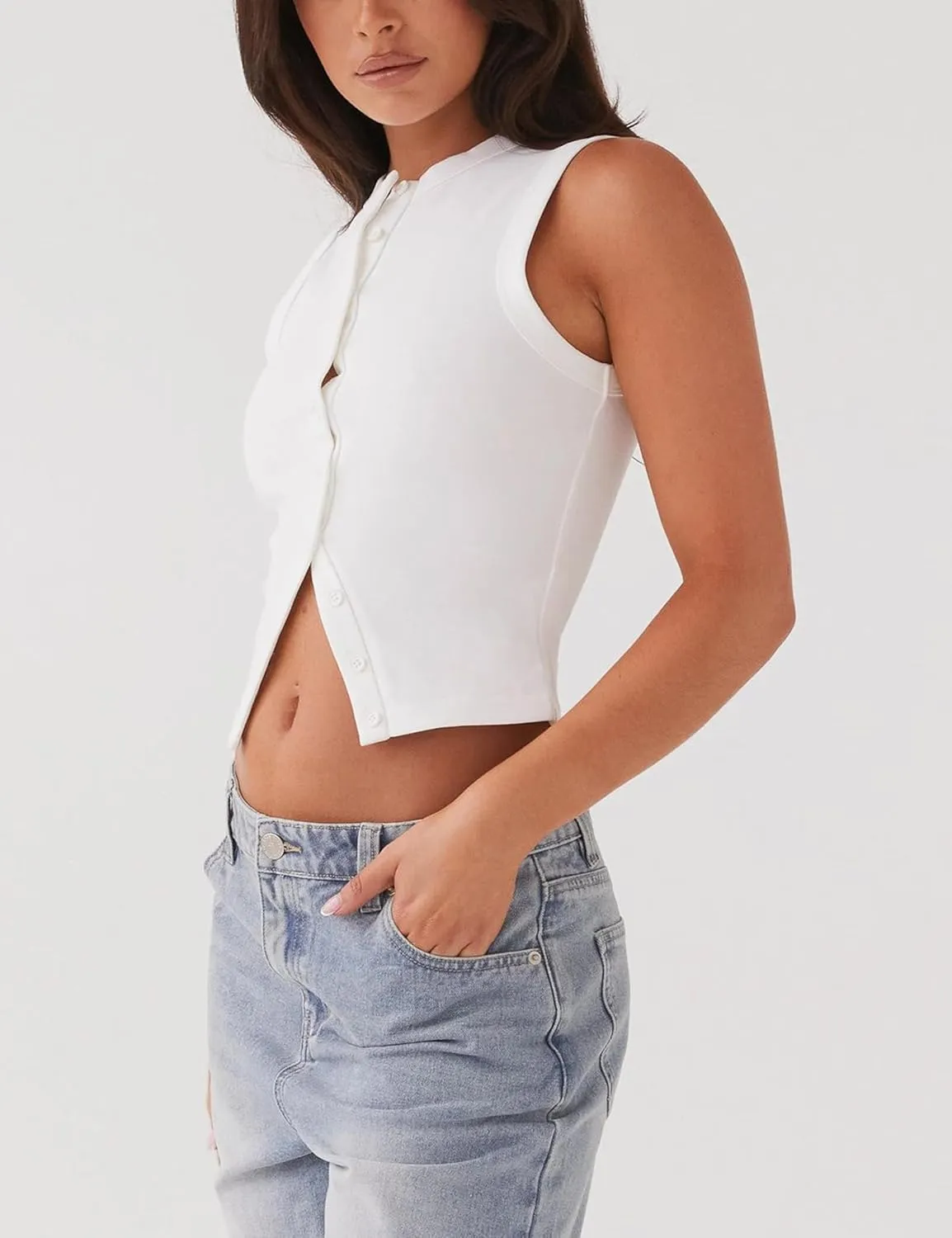 Womens Button Down Tank Vests Crew Neck Sleeveless Slim Fit Camisoles Vests Tops