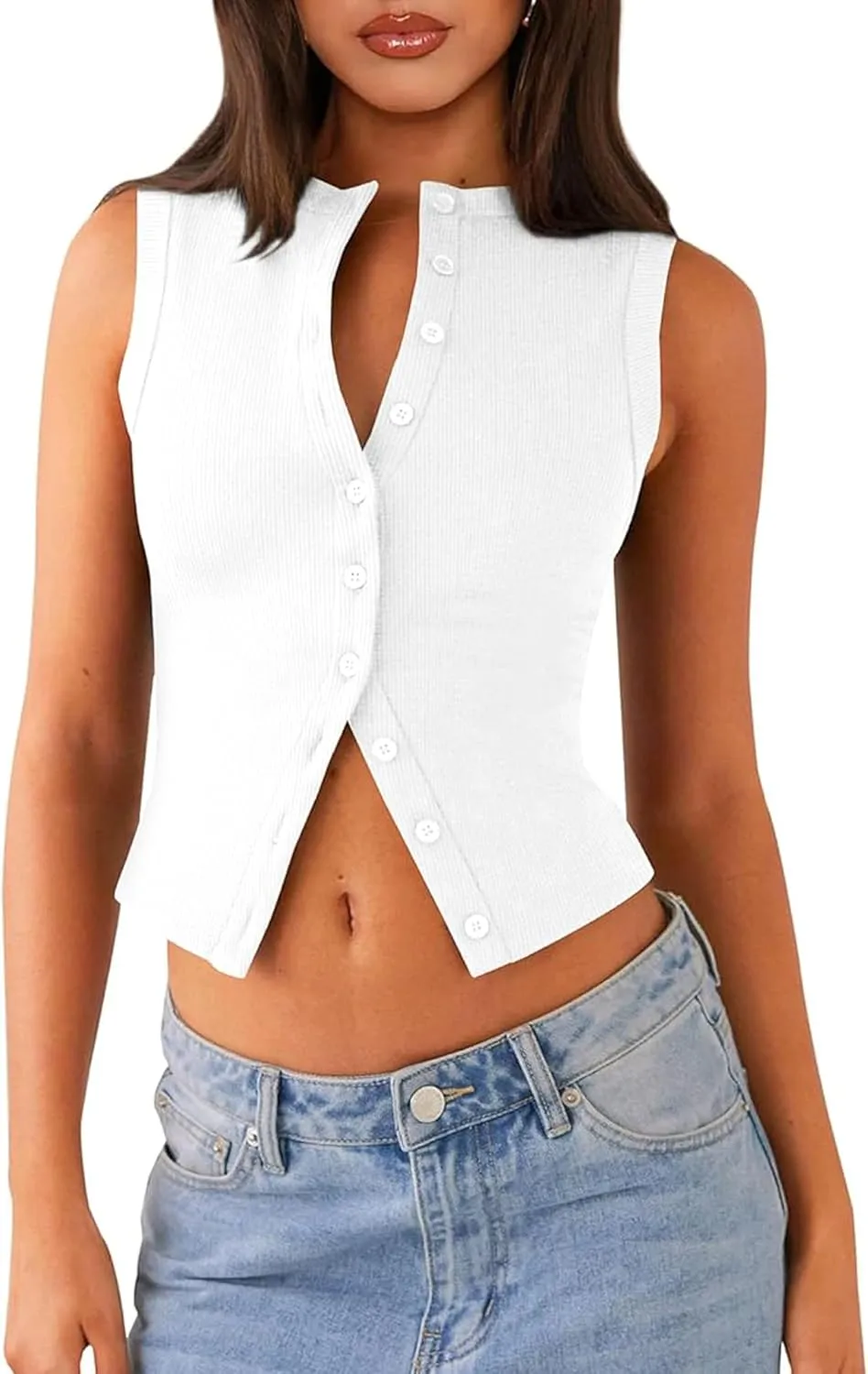 Womens Button Down Tank Vests Crew Neck Sleeveless Slim Fit Camisoles Vests Tops