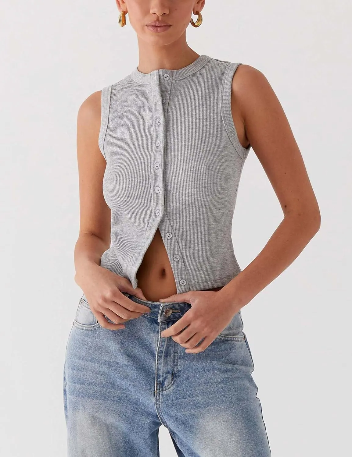 Womens Button Down Tank Vests Crew Neck Sleeveless Slim Fit Camisoles Vests Tops
