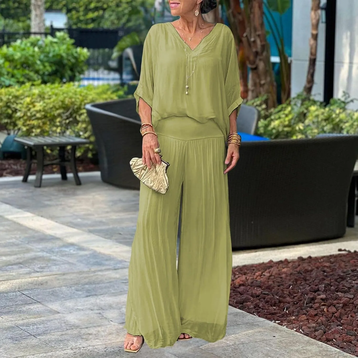 Women's Dressy Casual Chiffon Wide Leg Pant Sets 2 Pieces Formal Pant Suits Wedding Guest Outfit