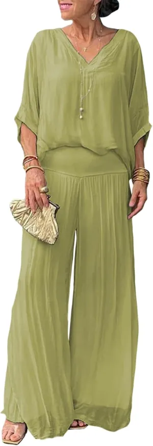 Women's Dressy Casual Chiffon Wide Leg Pant Sets 2 Pieces Formal Pant Suits Wedding Guest Outfit