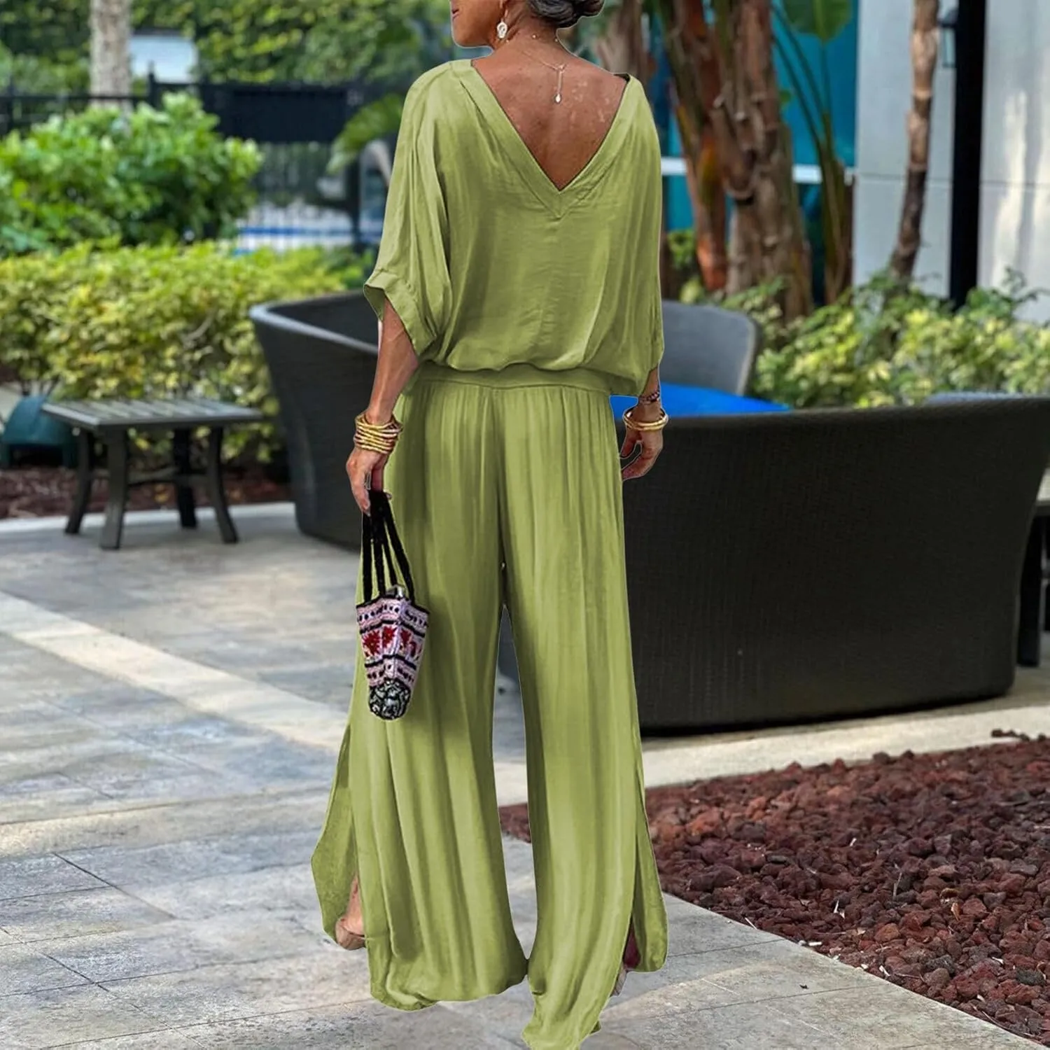 Women's Dressy Casual Chiffon Wide Leg Pant Sets 2 Pieces Formal Pant Suits Wedding Guest Outfit