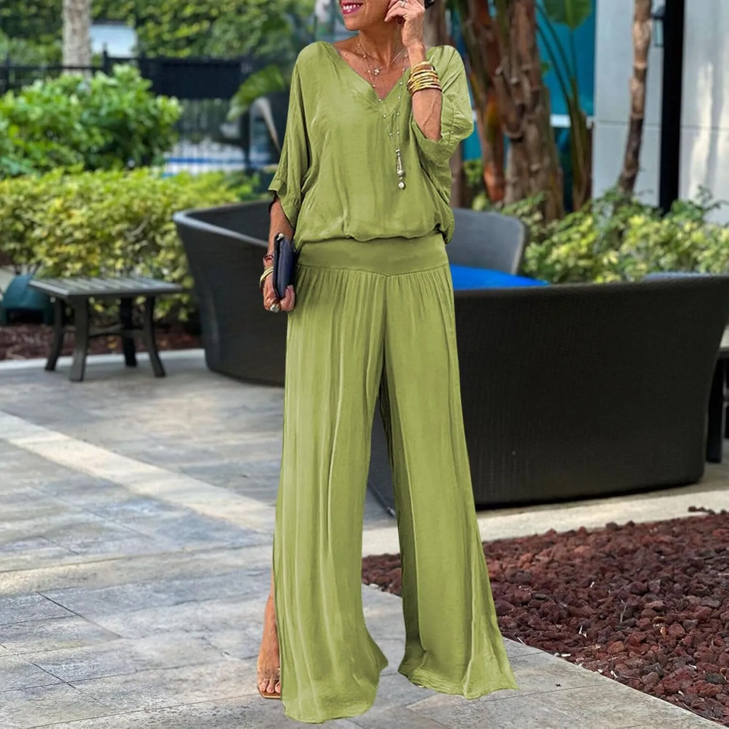 Women's Dressy Casual Chiffon Wide Leg Pant Sets 2 Pieces Formal Pant Suits Wedding Guest Outfit