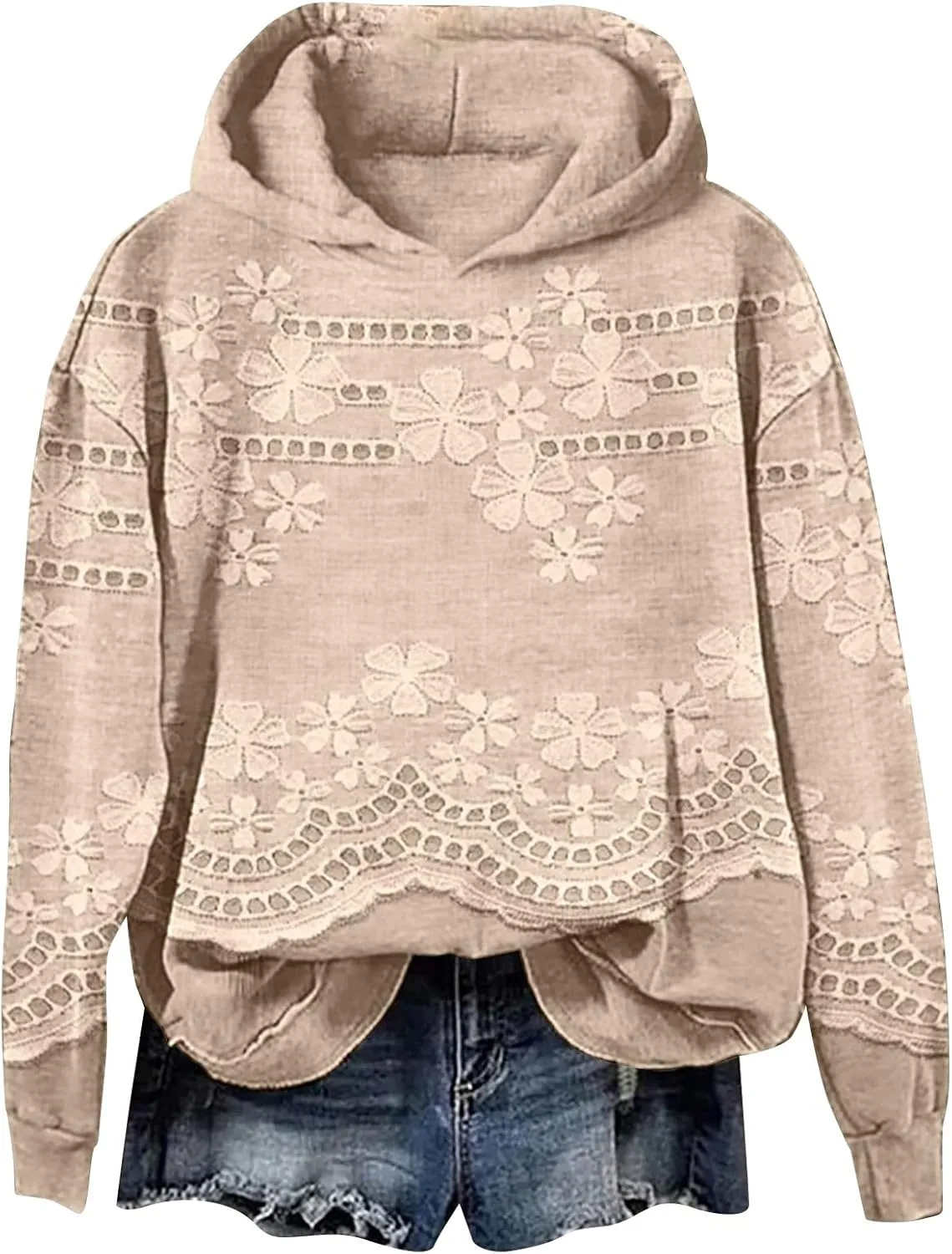 Womens Floral Hoodie Elegant Long Sleeve Sweatshirt Soft Oversized Pullover Flower Fall Winter Athleisure Streetwear