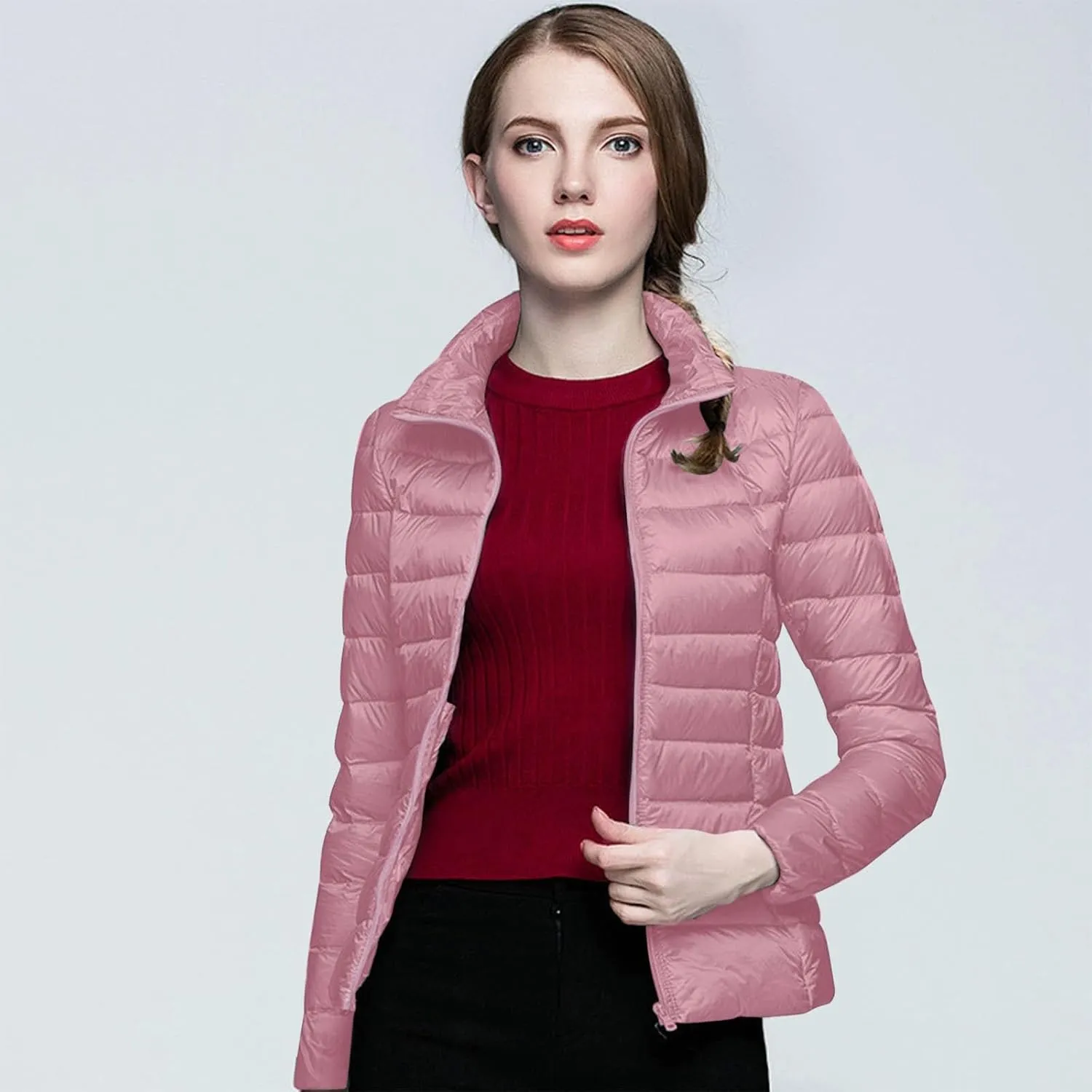 Womens Lightweight Puffer Jacket Packable Stand Collar Quilted Down Coats 2024 Winter Warm Down Jackets with Pockets