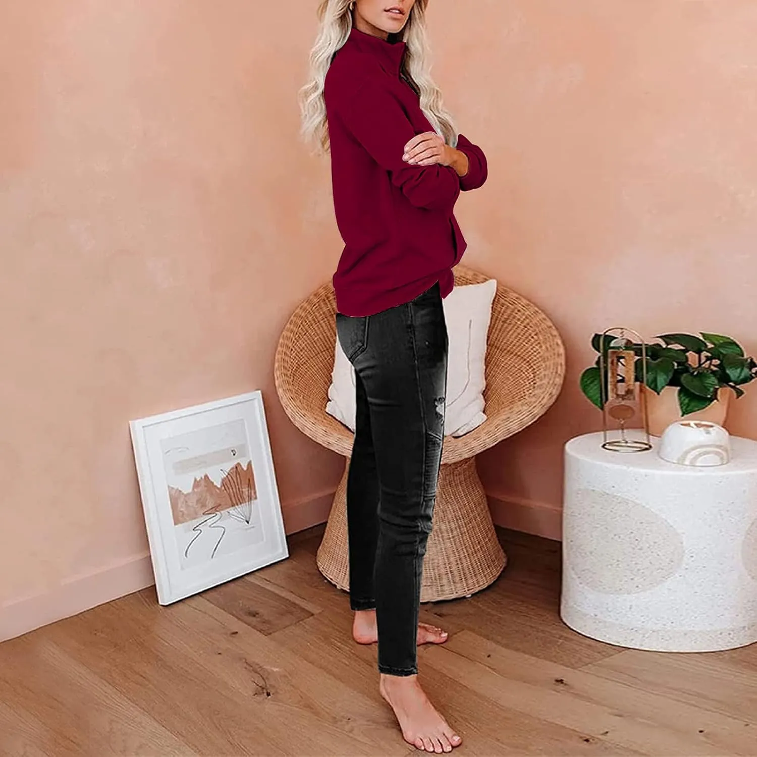 Womens Oversized Half Zip Sweatshirt Casual Long Sleeve Solid Color Soft Sweatshirt Pullover Jacket with Pocket