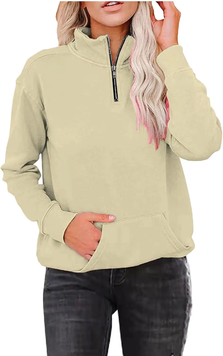Womens Oversized Half Zip Sweatshirt Casual Long Sleeve Solid Color Soft Sweatshirt Pullover Jacket with Pocket
