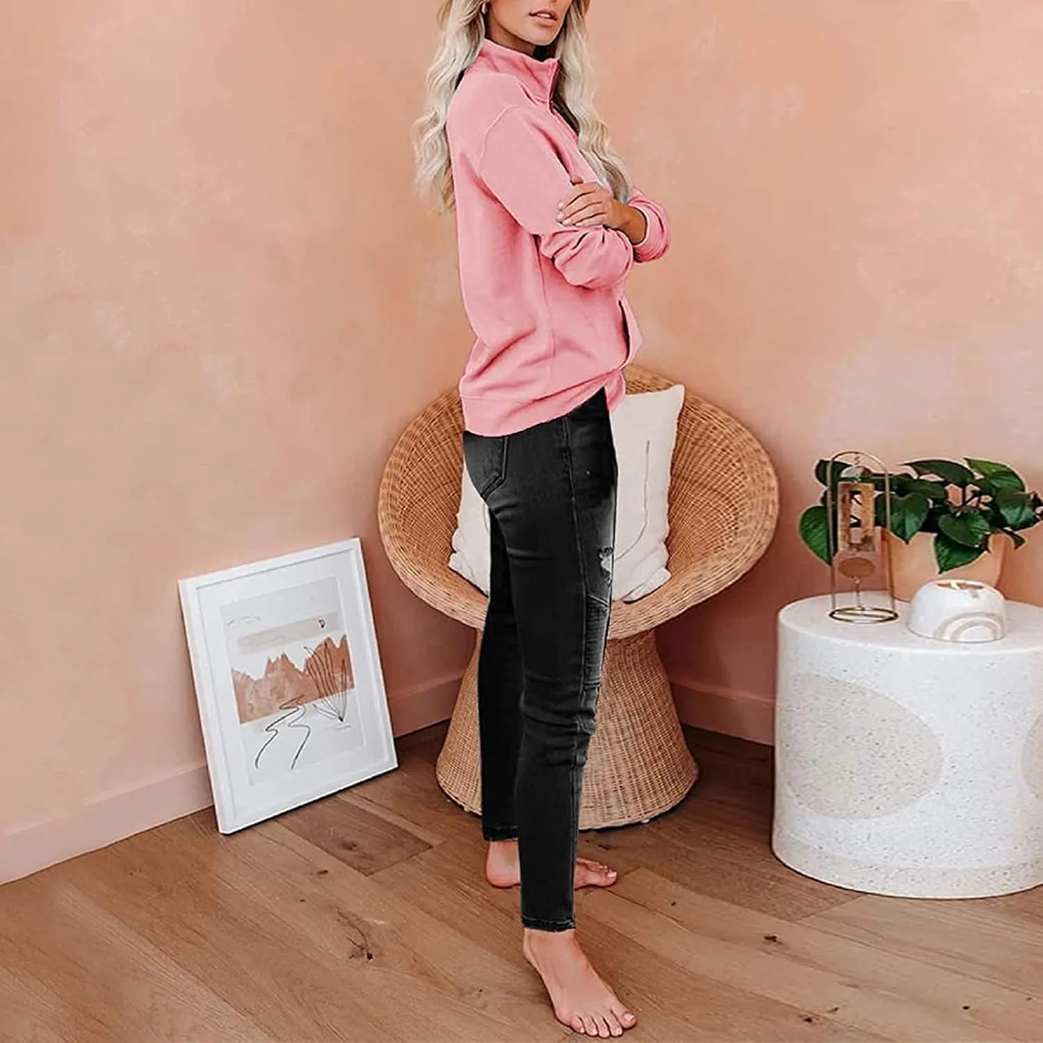Womens Oversized Half Zip Sweatshirt Casual Long Sleeve Solid Color Soft Sweatshirt Pullover Jacket with Pocket