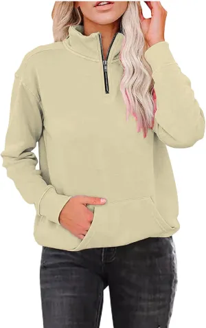 Womens Oversized Half Zip Sweatshirt Casual Long Sleeve Solid Color Soft Sweatshirt Pullover Jacket with Pocket