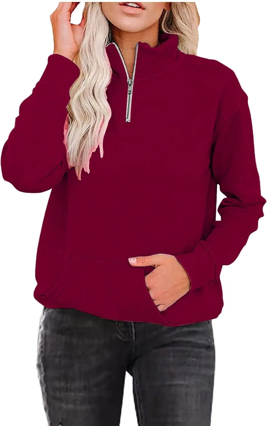 Womens Oversized Half Zip Sweatshirt Casual Long Sleeve Solid Color Soft Sweatshirt Pullover Jacket with Pocket