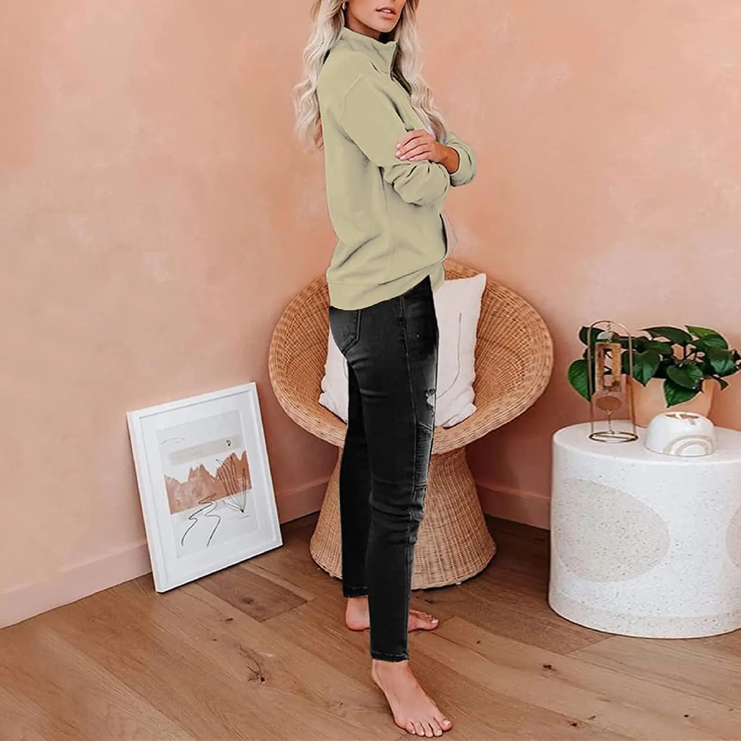 Womens Oversized Half Zip Sweatshirt Casual Long Sleeve Solid Color Soft Sweatshirt Pullover Jacket with Pocket