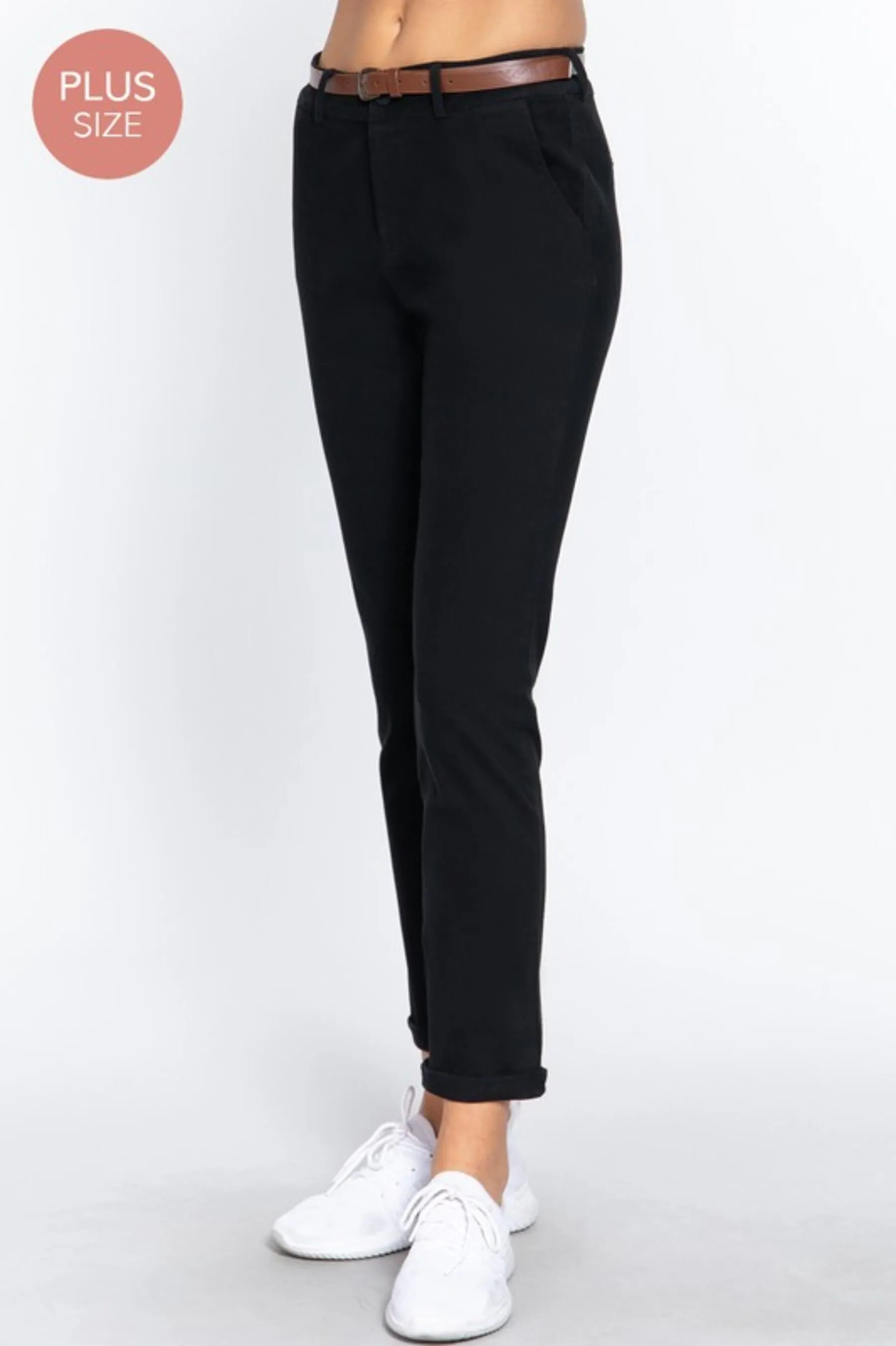 Women's Plus Size Belted Cotton Spandex Twill Long Pants