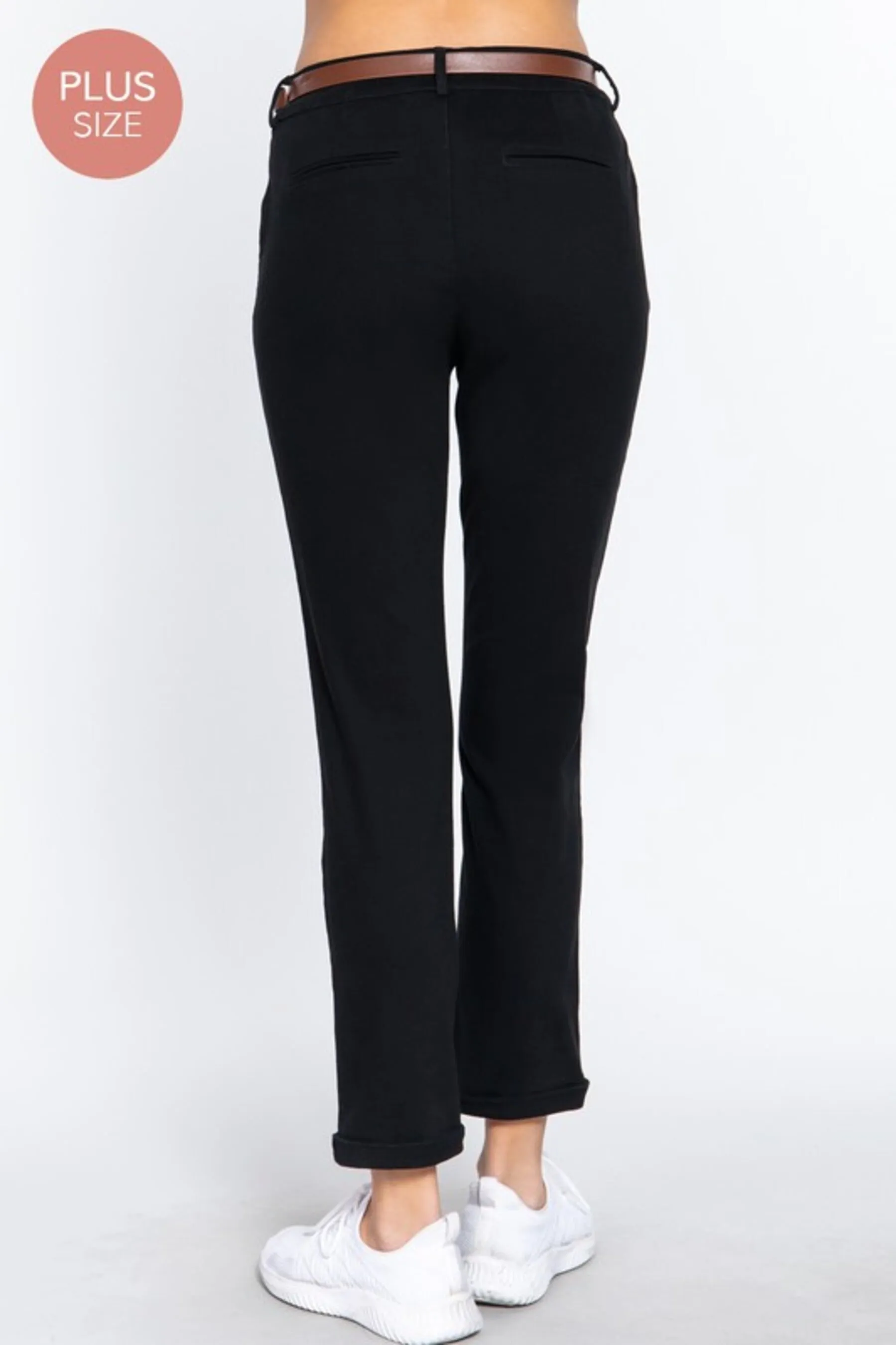 Women's Plus Size Belted Cotton Spandex Twill Long Pants