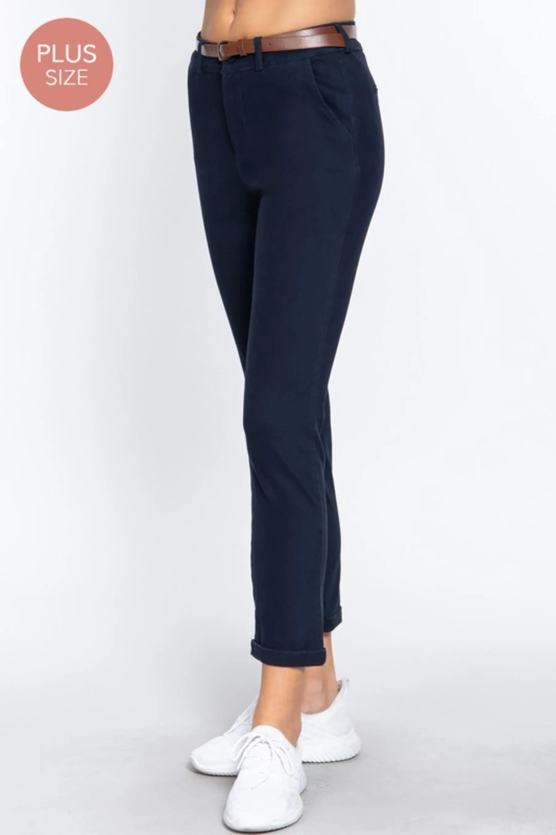 Women's Plus Size Belted Cotton Spandex Twill Long Pants
