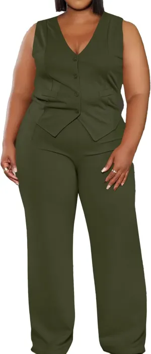 Women's Plus Size Pant Suits 2 Piece Outfits Button Vest Blazer Pockets Wide Leg Pants Sets Casual Pantsuits