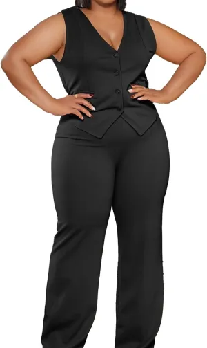 Women's Plus Size Pant Suits 2 Piece Outfits Button Vest Blazer Pockets Wide Leg Pants Sets Casual Pantsuits