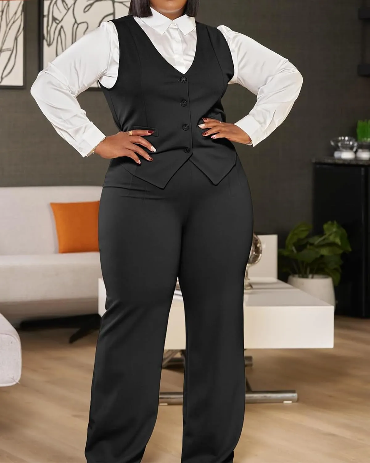 Women's Plus Size Pant Suits 2 Piece Outfits Button Vest Blazer Pockets Wide Leg Pants Sets Casual Pantsuits