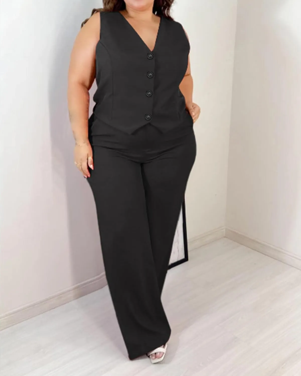 Women's Plus Size Pant Suits 2 Piece Outfits Button Vest Blazer Pockets Wide Leg Pants Sets Casual Pantsuits