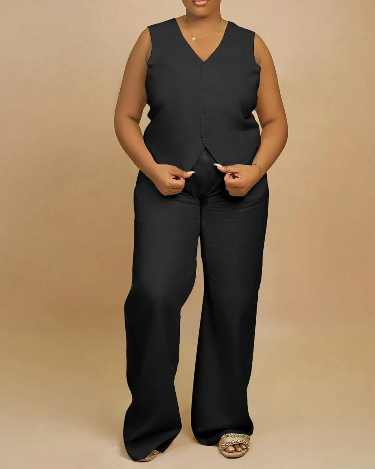 Women's Plus Size Pant Suits 2 Piece Outfits Button Vest Blazer Pockets Wide Leg Pants Sets Casual Pantsuits