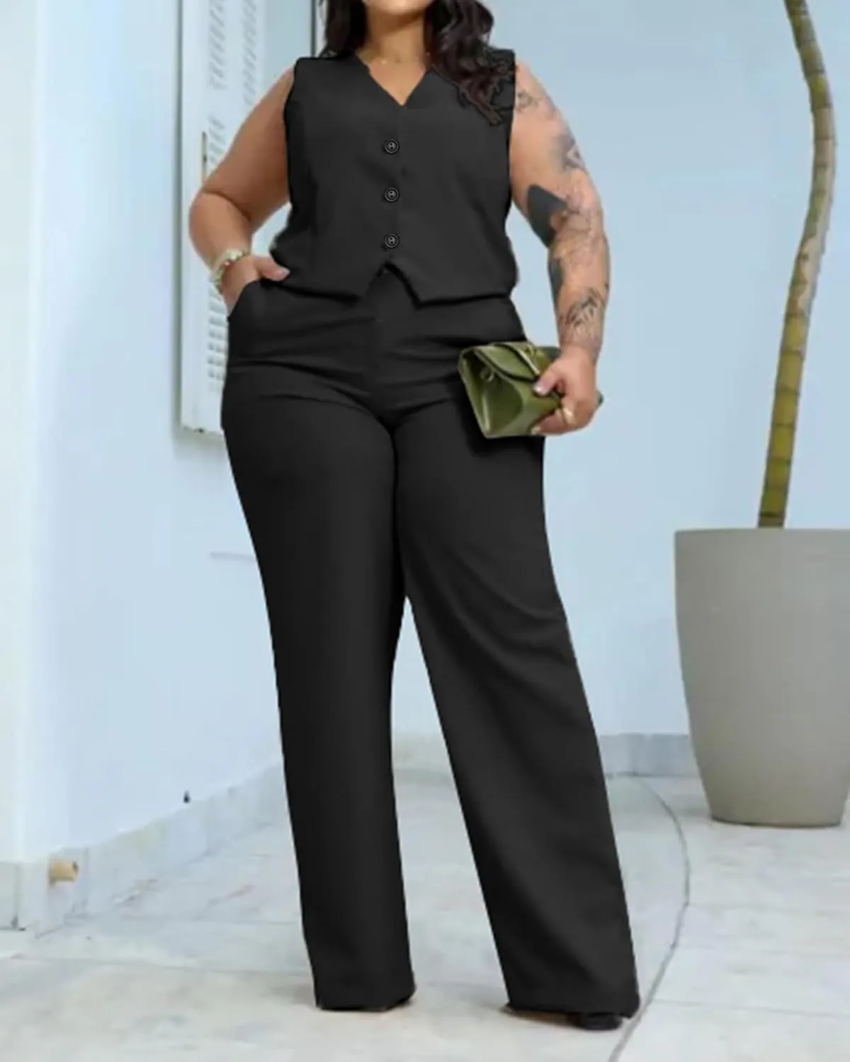 Women's Plus Size Pant Suits 2 Piece Outfits Button Vest Blazer Pockets Wide Leg Pants Sets Casual Pantsuits