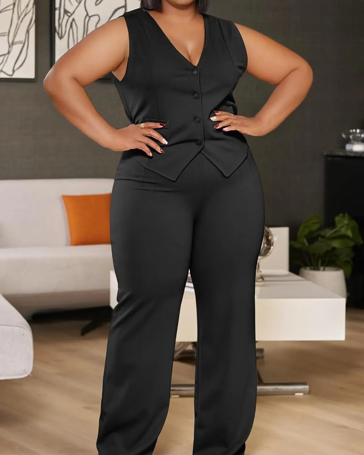 Women's Plus Size Pant Suits 2 Piece Outfits Button Vest Blazer Pockets Wide Leg Pants Sets Casual Pantsuits
