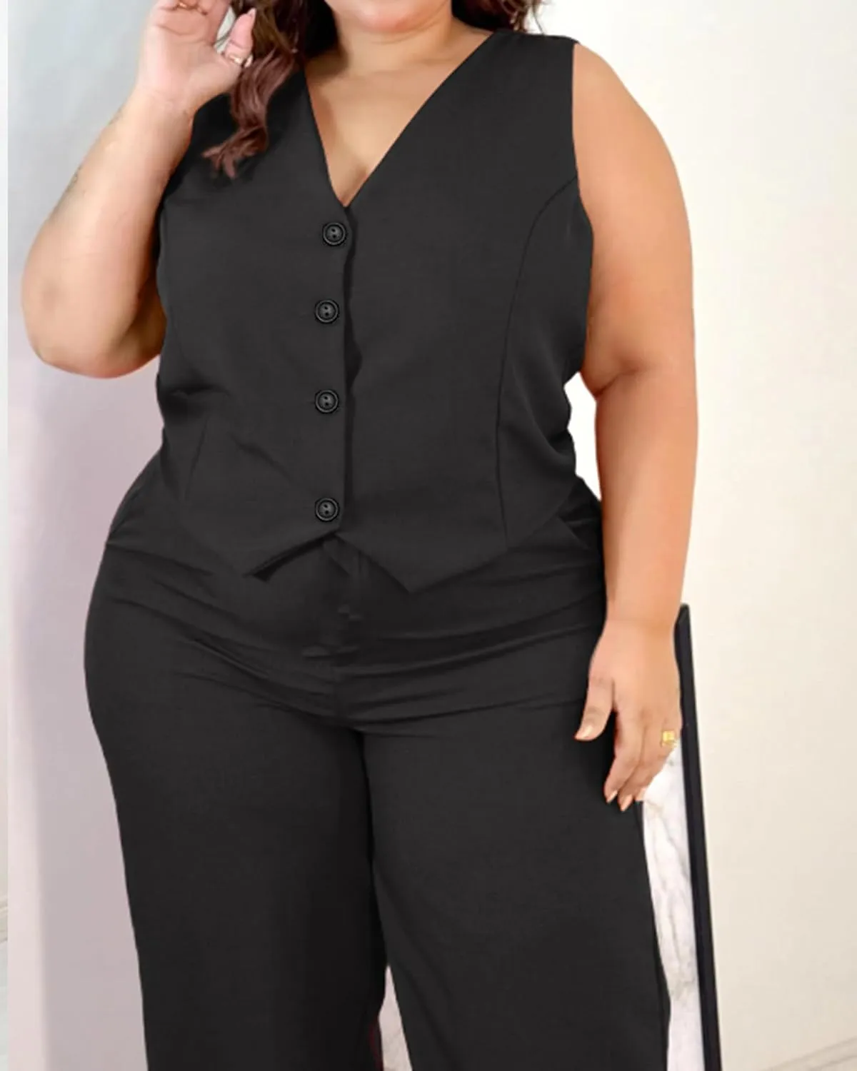 Women's Plus Size Pant Suits 2 Piece Outfits Button Vest Blazer Pockets Wide Leg Pants Sets Casual Pantsuits