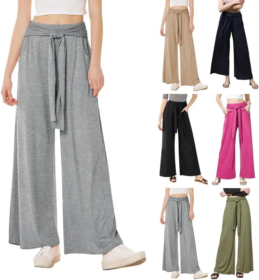 Women's Soft and Comfortable Draped Tie Wide Leg Yoga Pants Solid Color Basic High Waist Straight Trousers