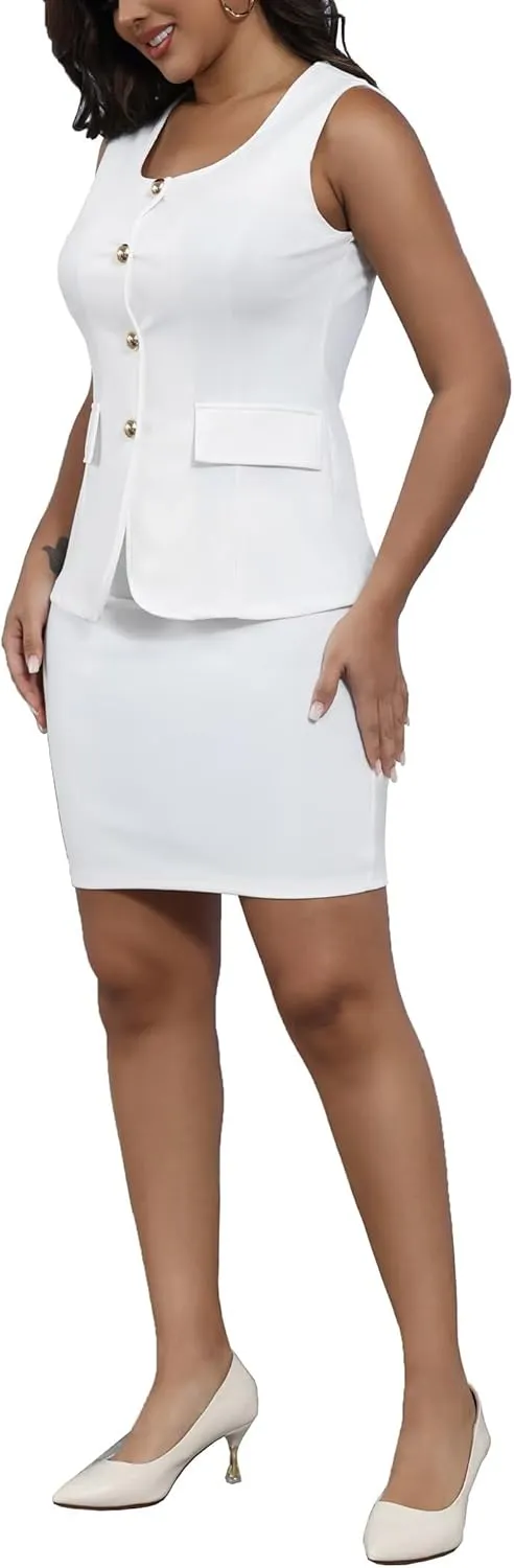 Womens Summer 2 Piece Outfits Summer Sleevevless Scoop Neck Blazer Vest Mini Skirt Dress Sets Matching Work Sets
