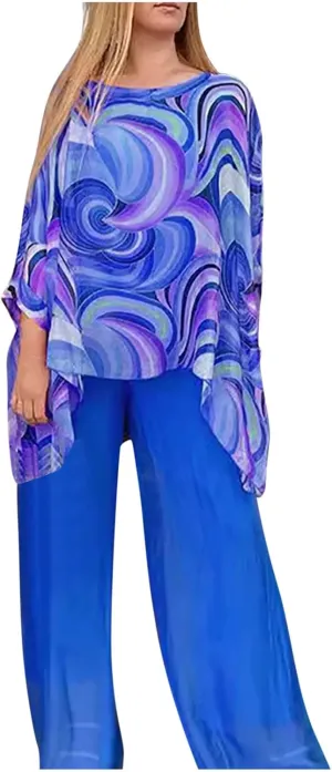 Womens Wedding Guest Pant Suit 2 Piece Set Tie Dye Printed Elegant Formal Chiffon Evening Party Outfit