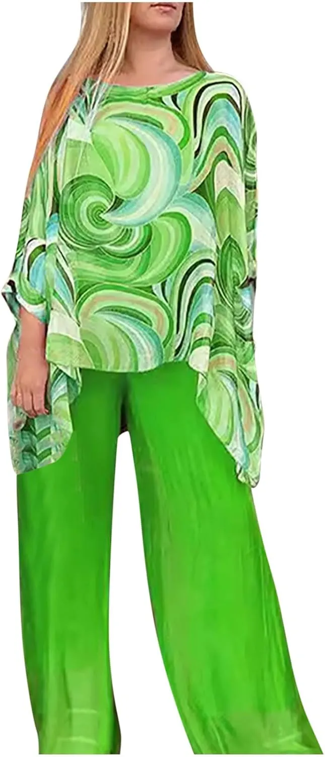 Womens Wedding Guest Pant Suit 2 Piece Set Tie Dye Printed Elegant Formal Chiffon Evening Party Outfit