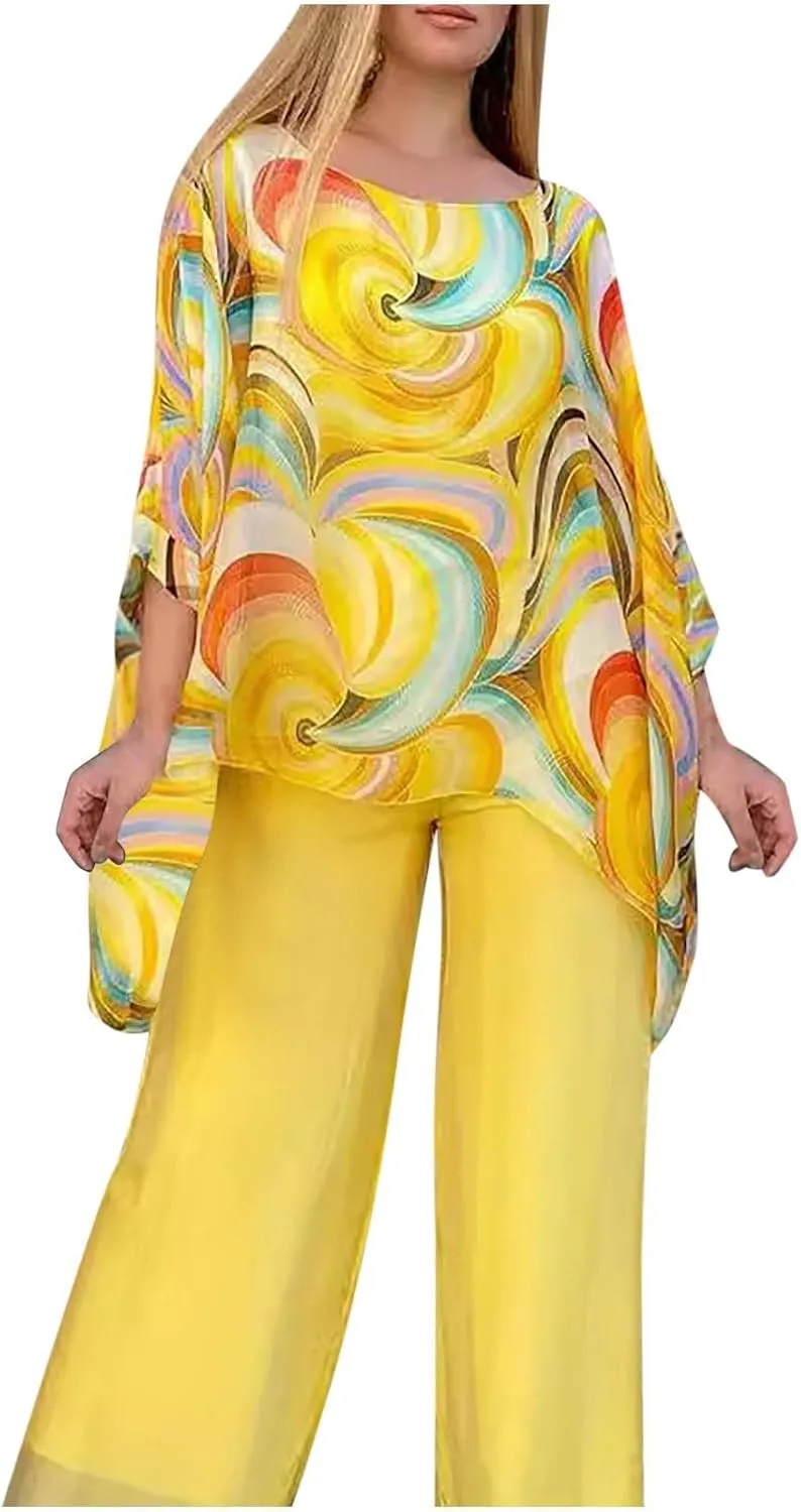 Womens Wedding Guest Pant Suit 2 Piece Set Tie Dye Printed Elegant Formal Chiffon Evening Party Outfit