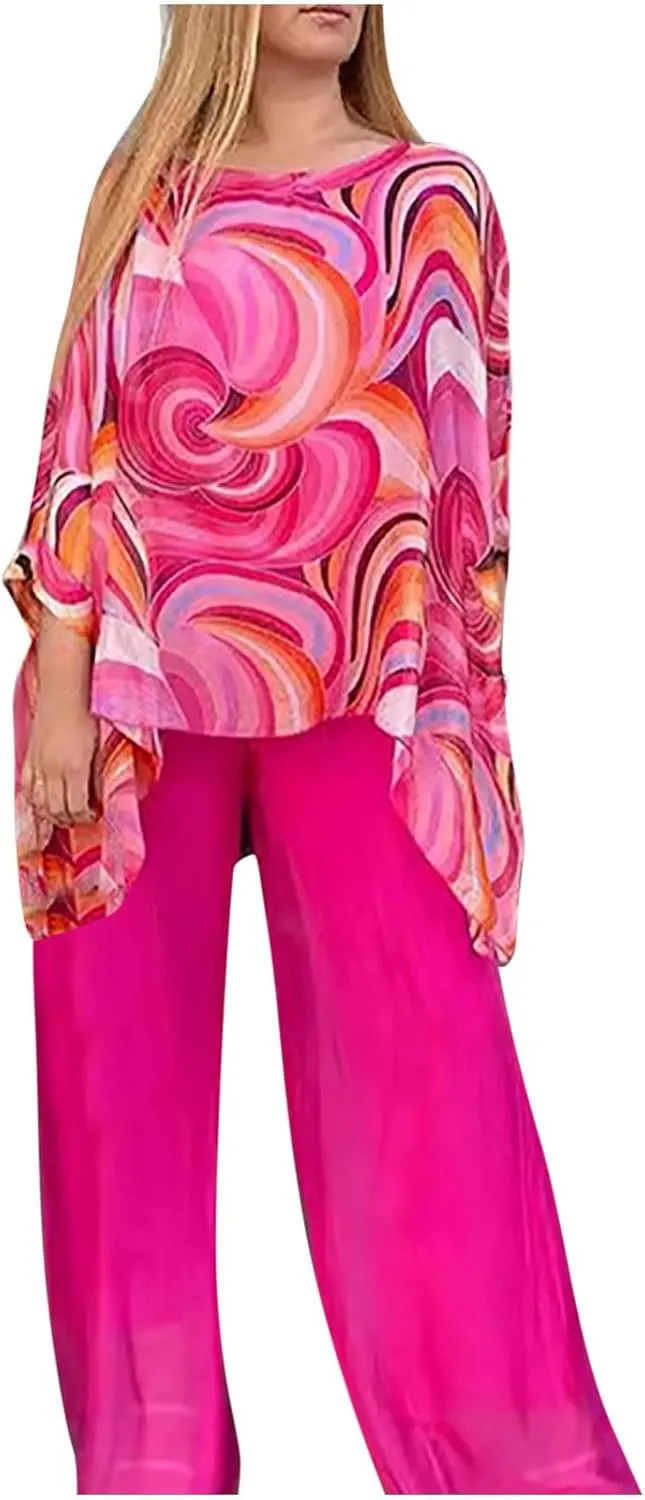 Womens Wedding Guest Pant Suit 2 Piece Set Tie Dye Printed Elegant Formal Chiffon Evening Party Outfit
