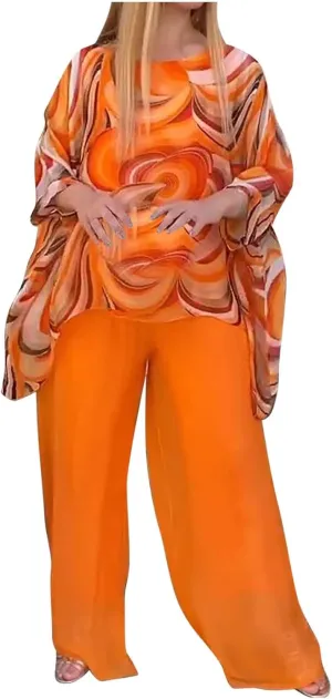 Womens Wedding Guest Pant Suit 2 Piece Set Tie Dye Printed Elegant Formal Chiffon Evening Party Outfit