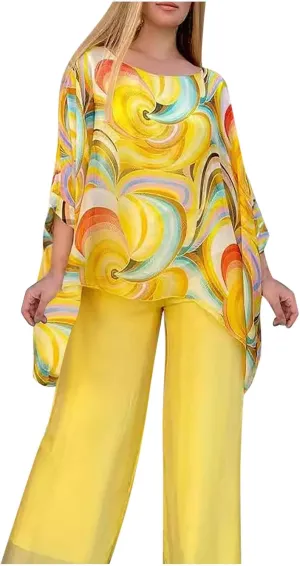Womens Wedding Guest Pant Suit 2 Piece Set Tie Dye Printed Elegant Formal Chiffon Evening Party Outfit