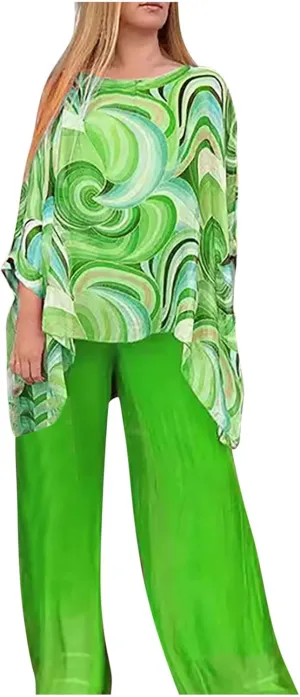 Womens Wedding Guest Pant Suit 2 Piece Set Tie Dye Printed Elegant Formal Chiffon Evening Party Outfit