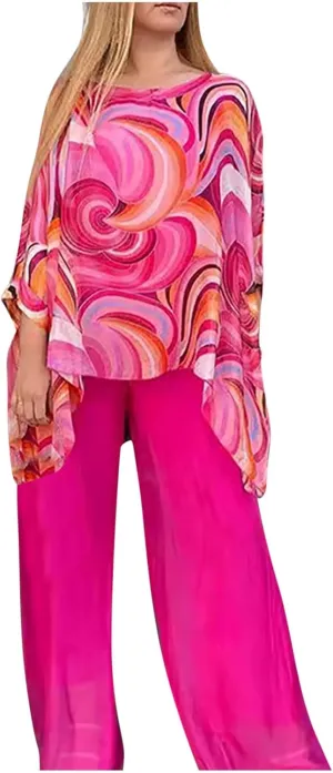 Womens Wedding Guest Pant Suit 2 Piece Set Tie Dye Printed Elegant Formal Chiffon Evening Party Outfit