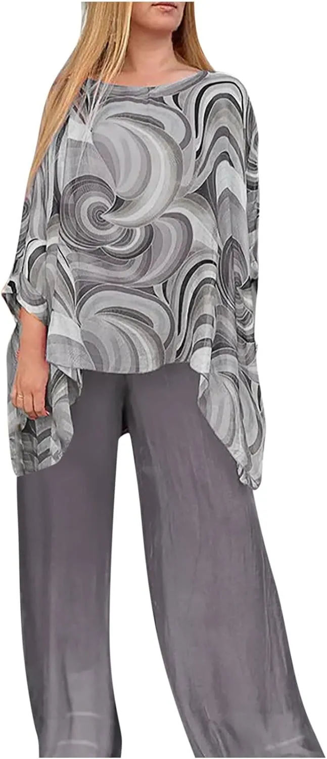 Womens Wedding Guest Pant Suit 2 Piece Set Tie Dye Printed Elegant Formal Chiffon Evening Party Outfit
