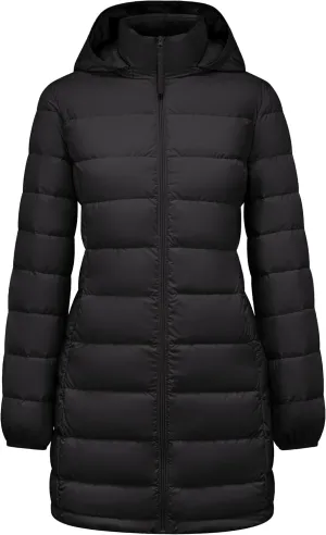 YZG Women's Hooded Long Down Full-Zip Puffer Jacket Outerwear Fashionable Coats Black Small