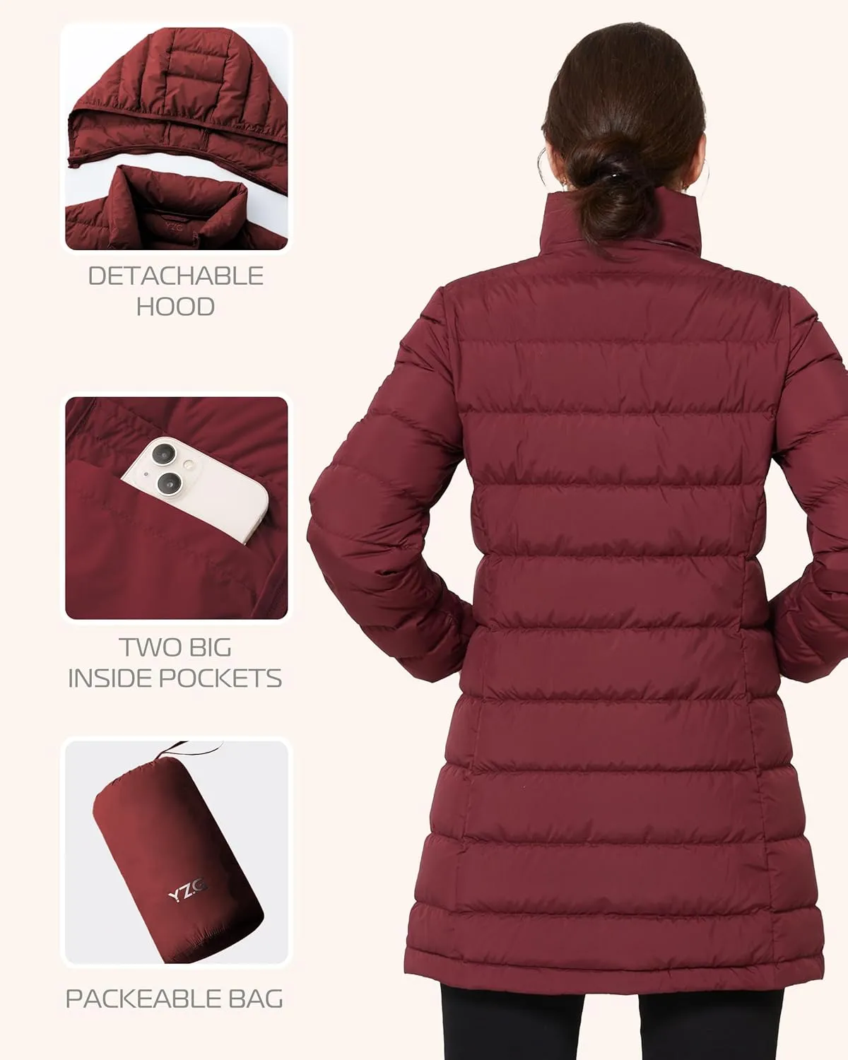 YZG Women's Warm Lightweight Long Down Jacket Warm Quilted Puffer Coat with Hood Removable