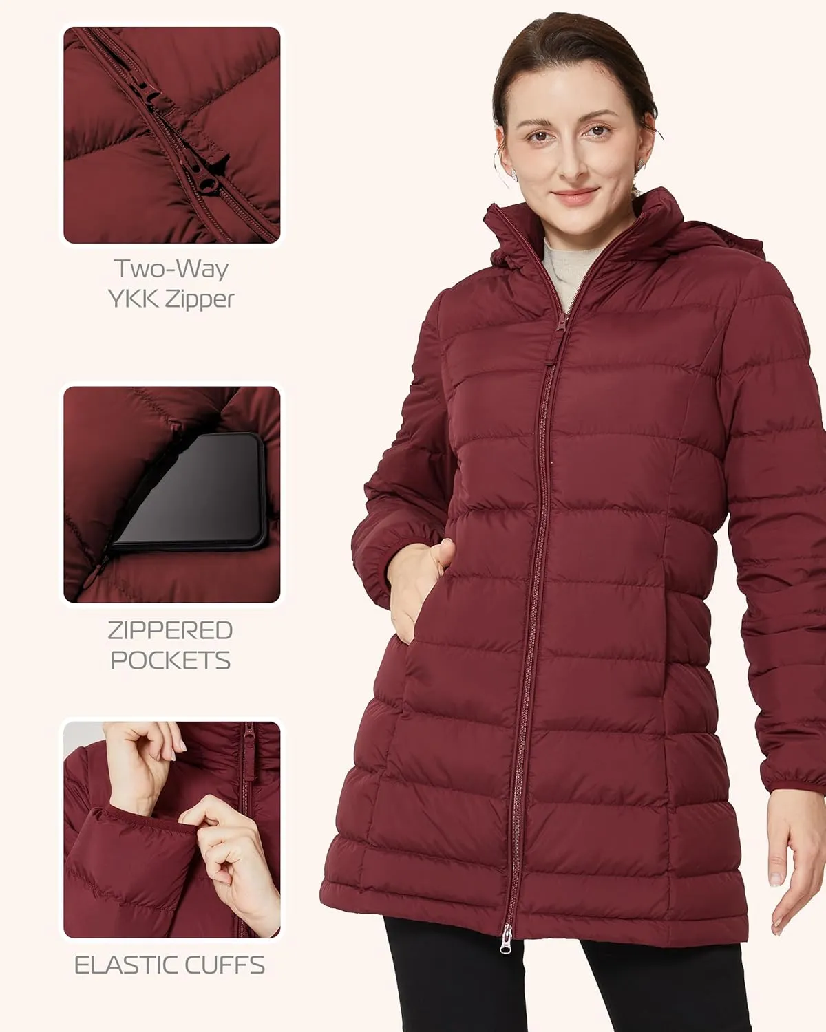 YZG Women's Warm Lightweight Long Down Jacket Warm Quilted Puffer Coat with Hood Removable